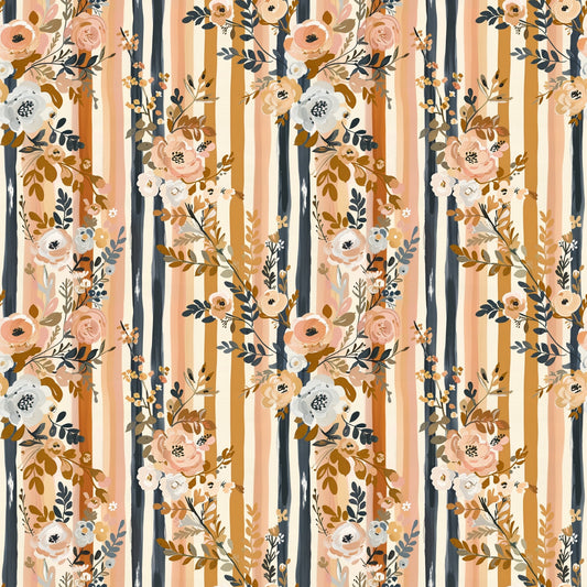 Navy Brown Floral Stripes Digital Seamless Pattern