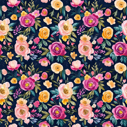 Navy Floral Blooms Digital Seamless Pattern