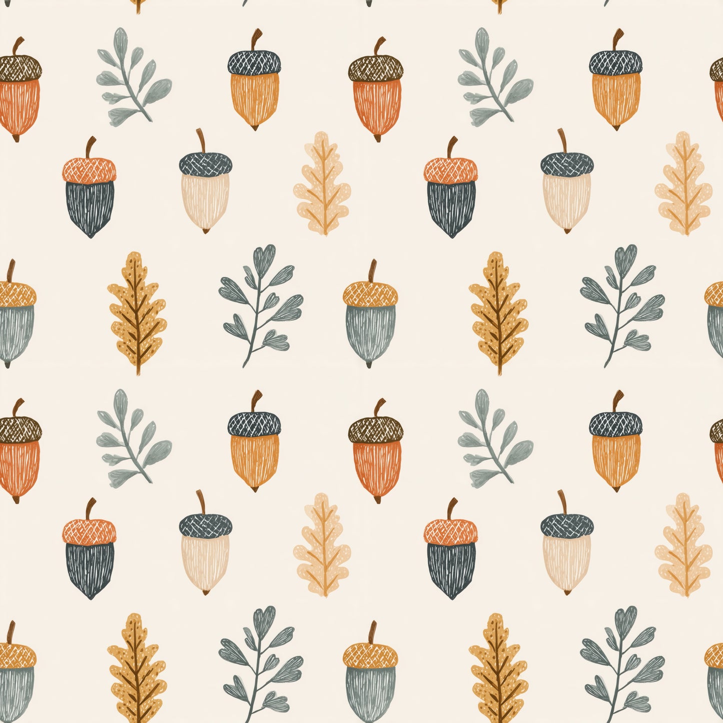 Neutral Acorns & Leaves Digital Seamless Pattern