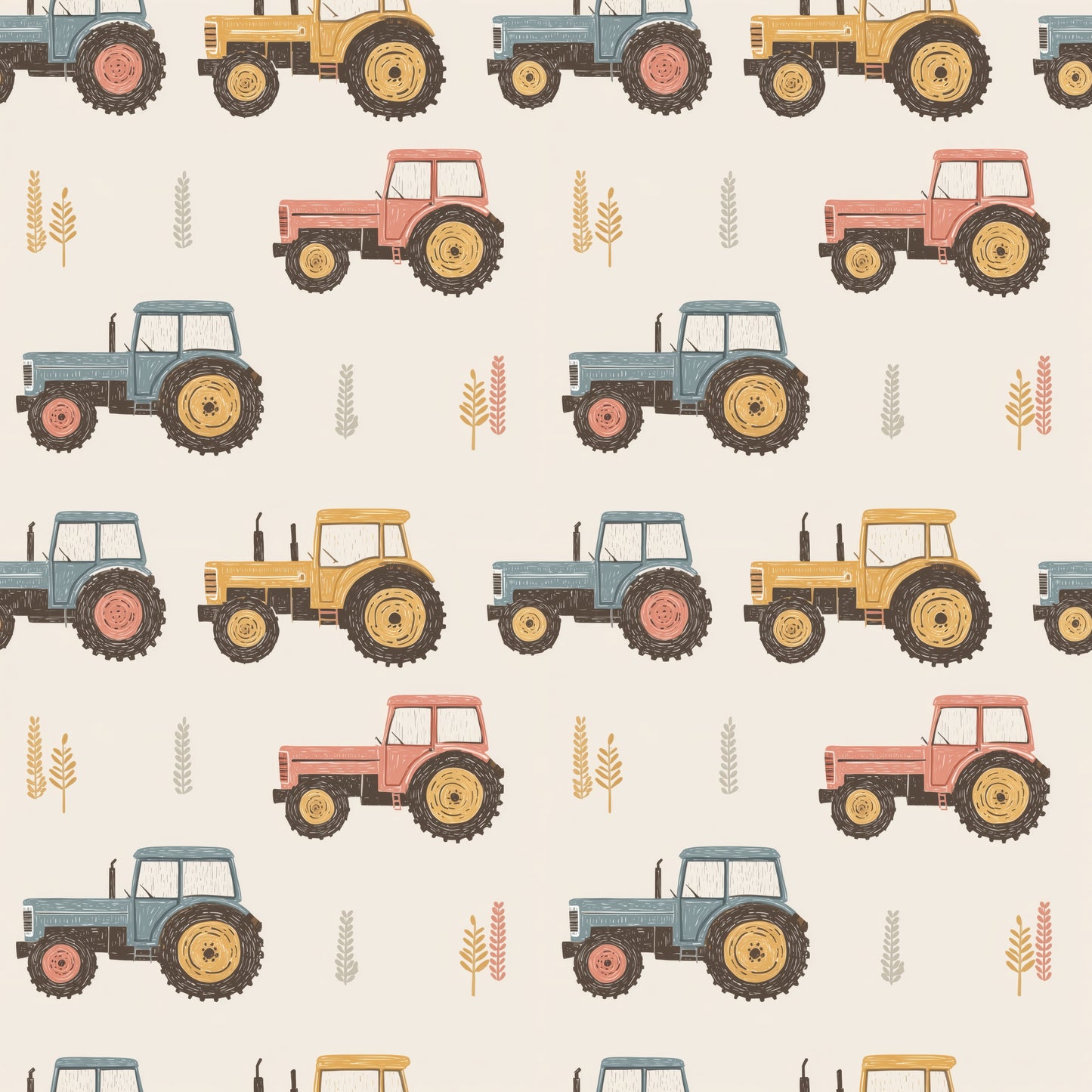 Neutral Tractors & Trees Digital Seamless Pattern