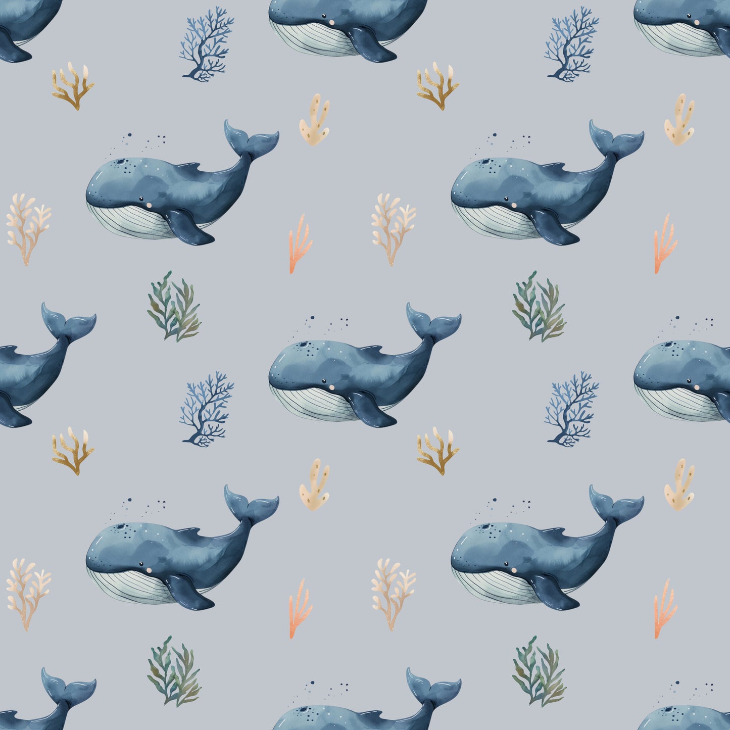 Ocean Whale Blue Grey Digital Seamless Pattern