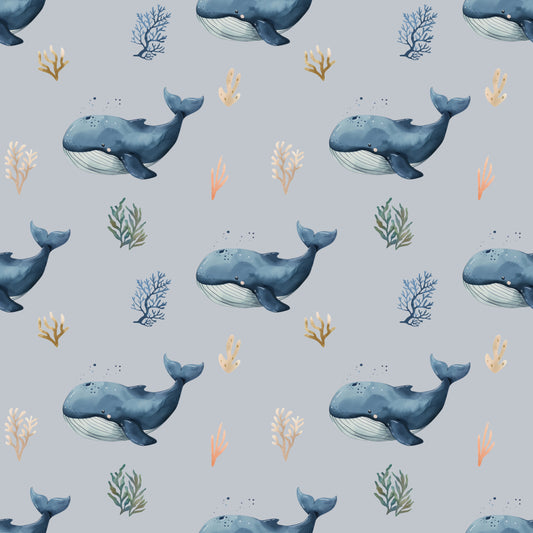 Ocean Whale Blue Grey Digital Seamless Pattern