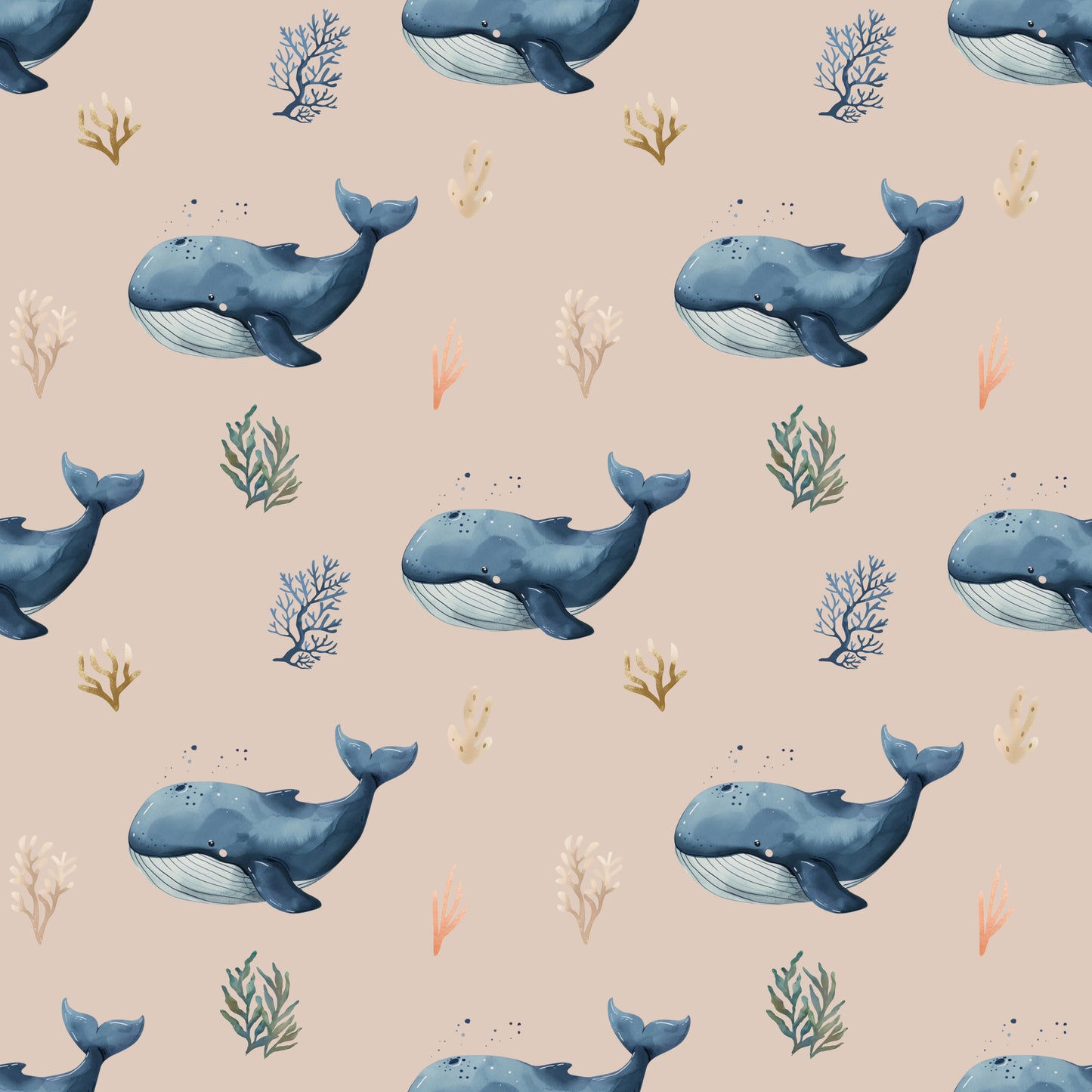 Ocean Whale Pink Digital Seamless Pattern