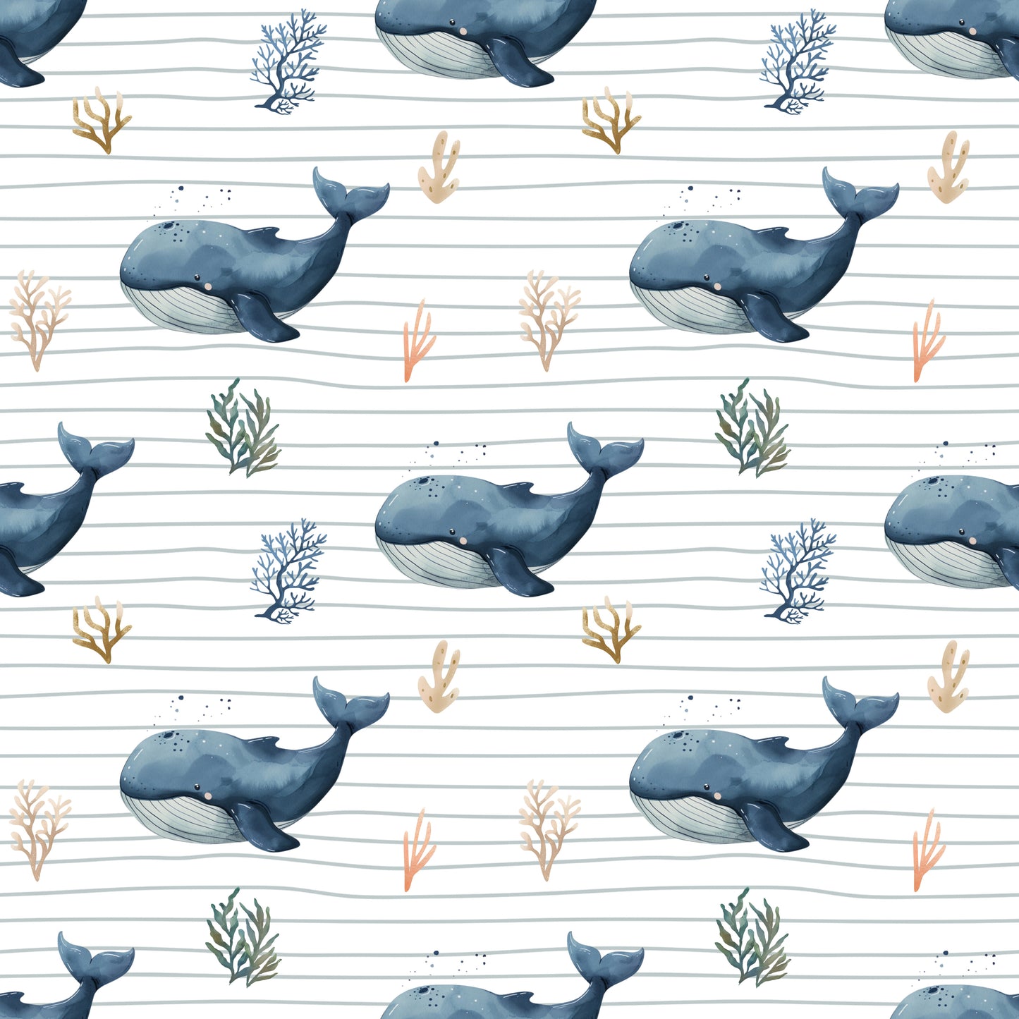 Ocean Whale Stripes Digital Seamless Pattern