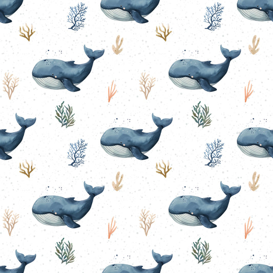 Ocean Whale White Digital Seamless Pattern