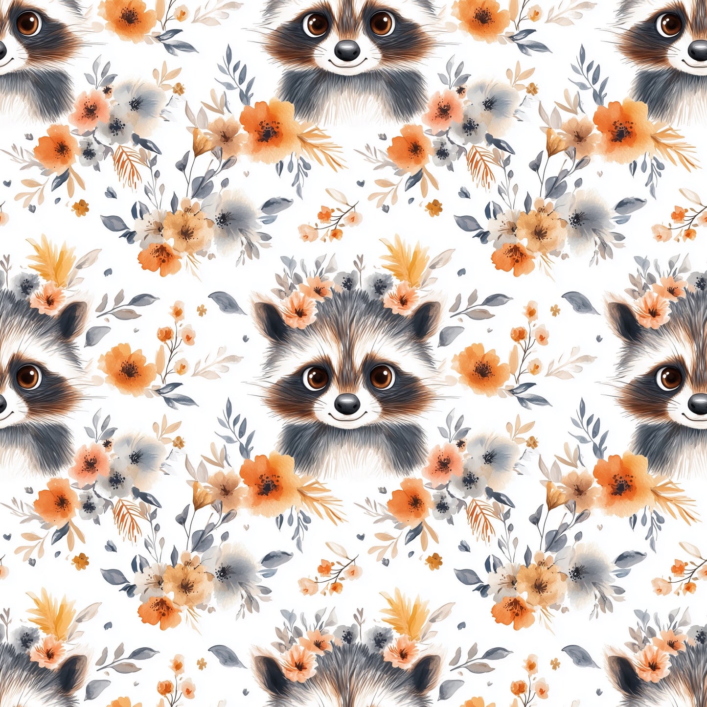 Orange Floral Racoons Digital Seamless Pattern