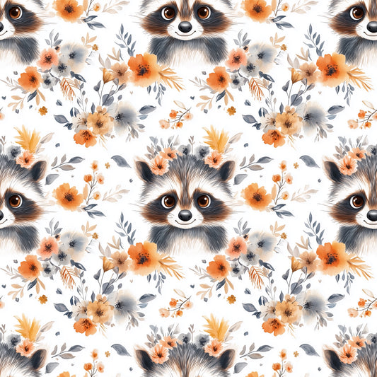Orange Floral Racoons Digital Seamless Pattern