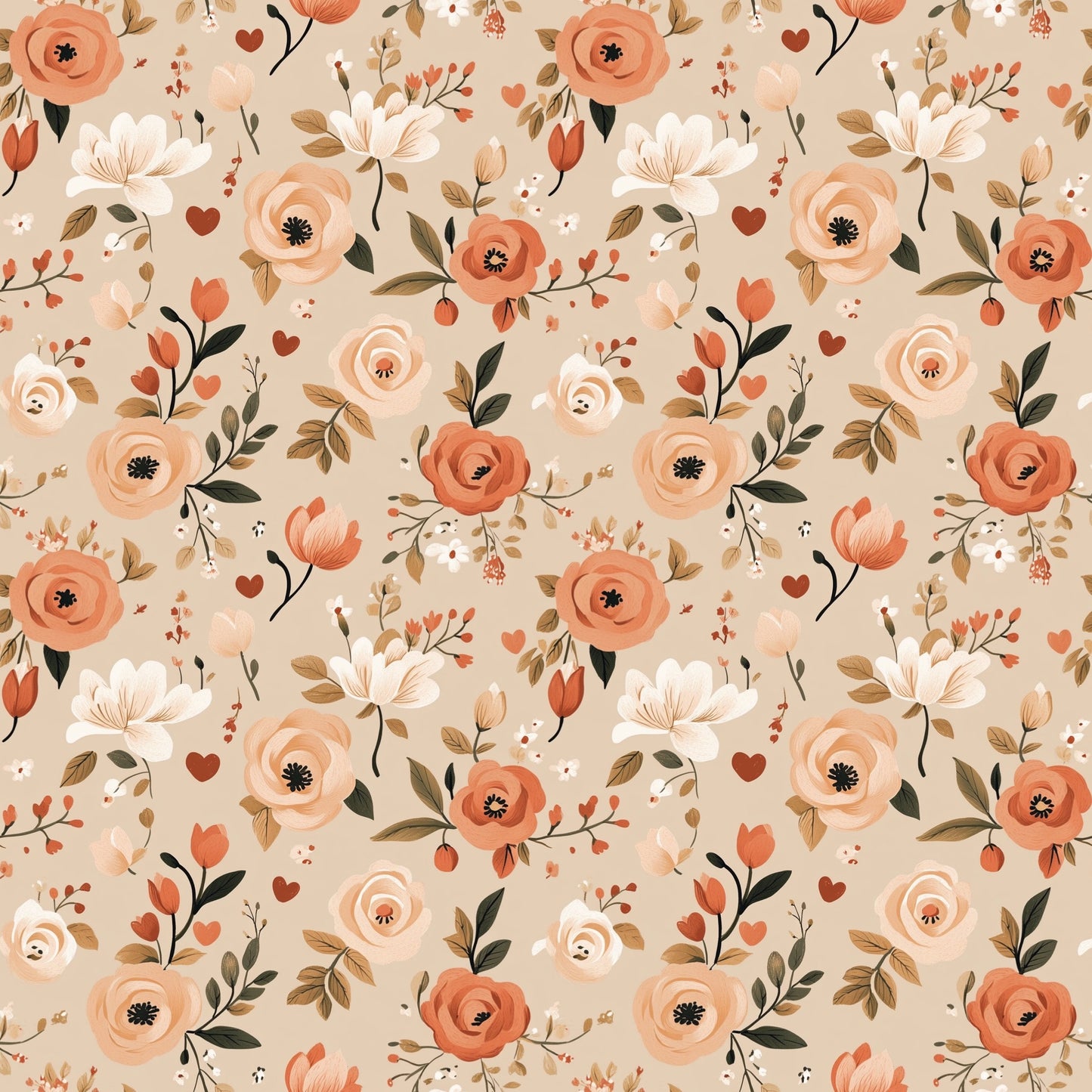 Orange Heart Roses Digital Seamless Pattern