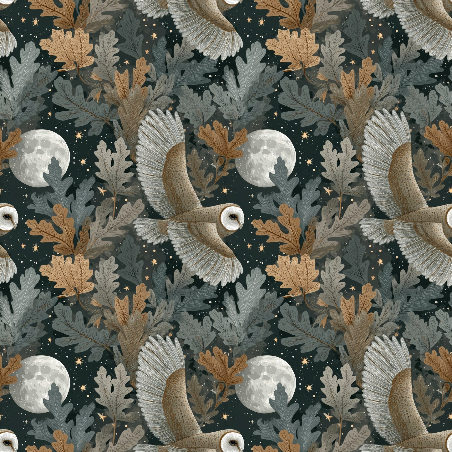 Owl & Oak Leaves Digital Seamless Pattern