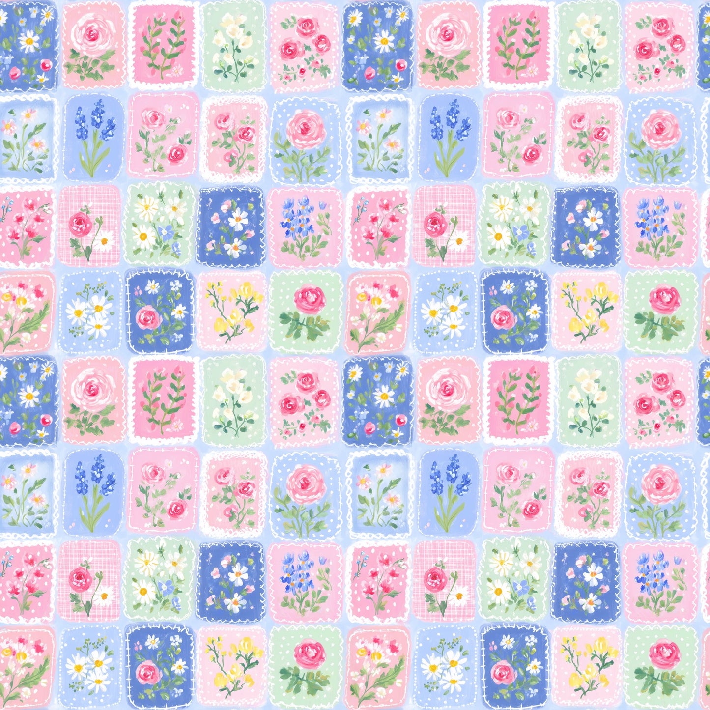 Pastel Blue Floral Patchwork Digital Seamless Pattern