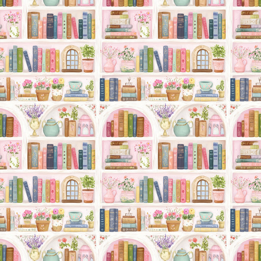 Pastel Cottagecore Bookshelves Digital Seamless Pattern