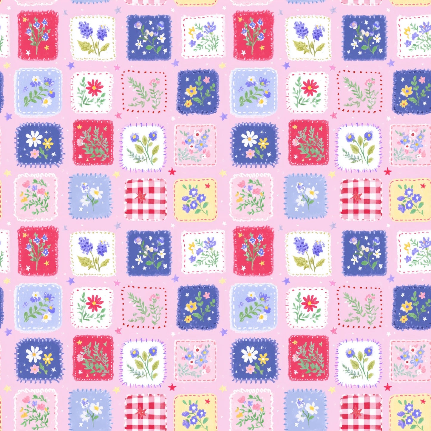 Pastel Fourth July Floral Patchwork Digital Seamless Pattern