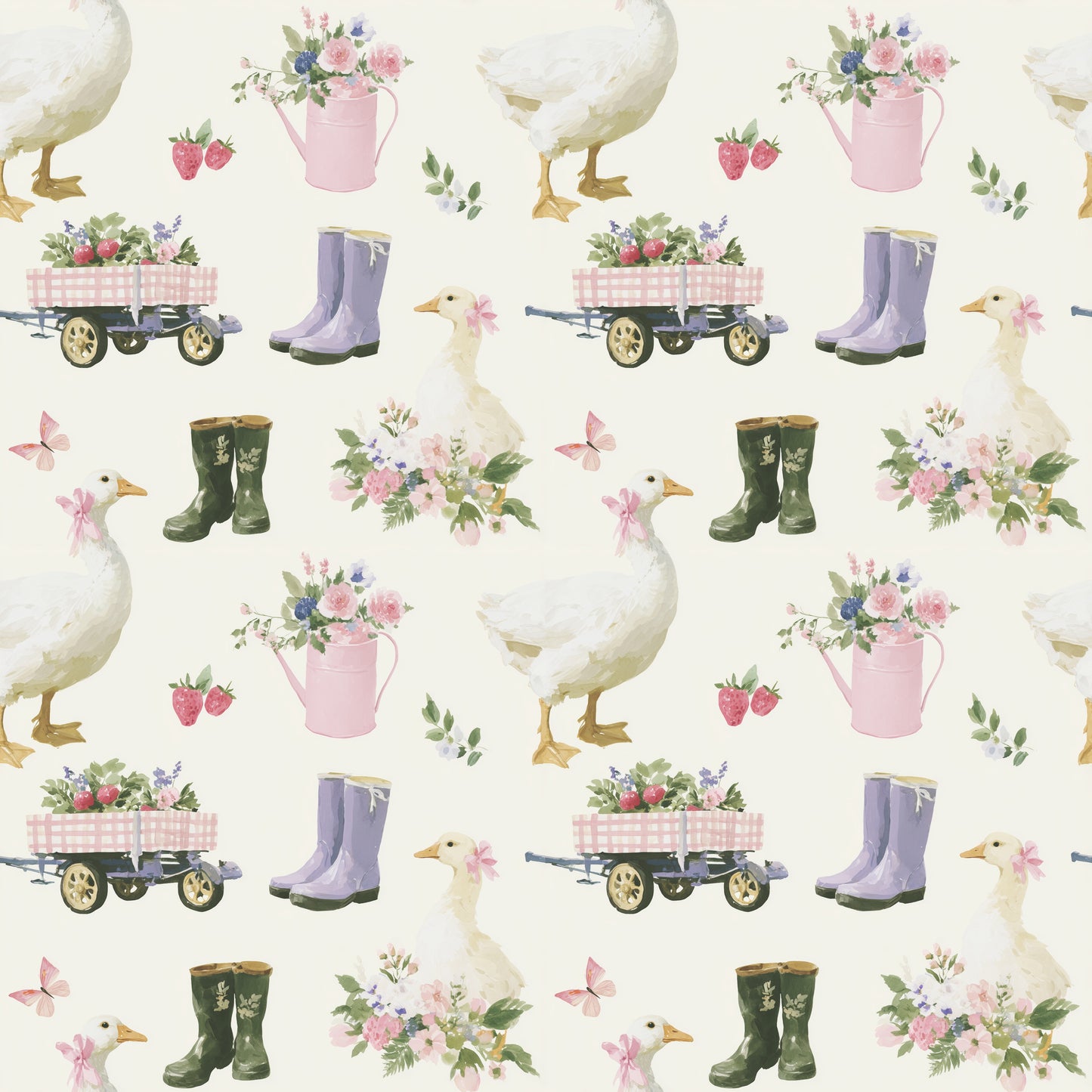 Pastel Geese Garden Digital Seamless Pattern