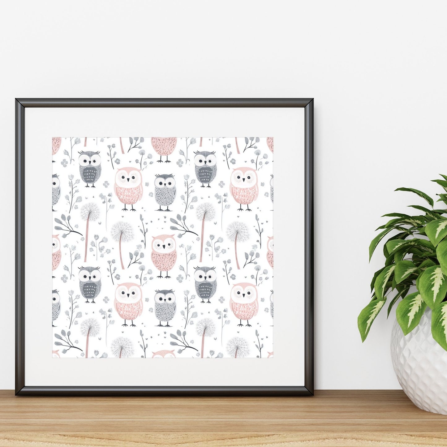 Pastel Pink & Grey Owls Digital Seamless Pattern