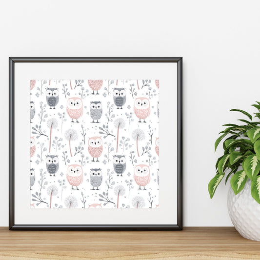 Pastel Pink & Grey Owls Digital Seamless Pattern