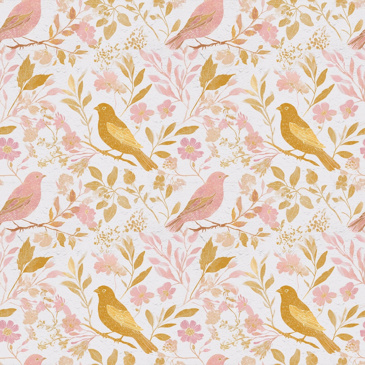 Pastel Pink Gold Glitter Birds Digital Seamless Pattern