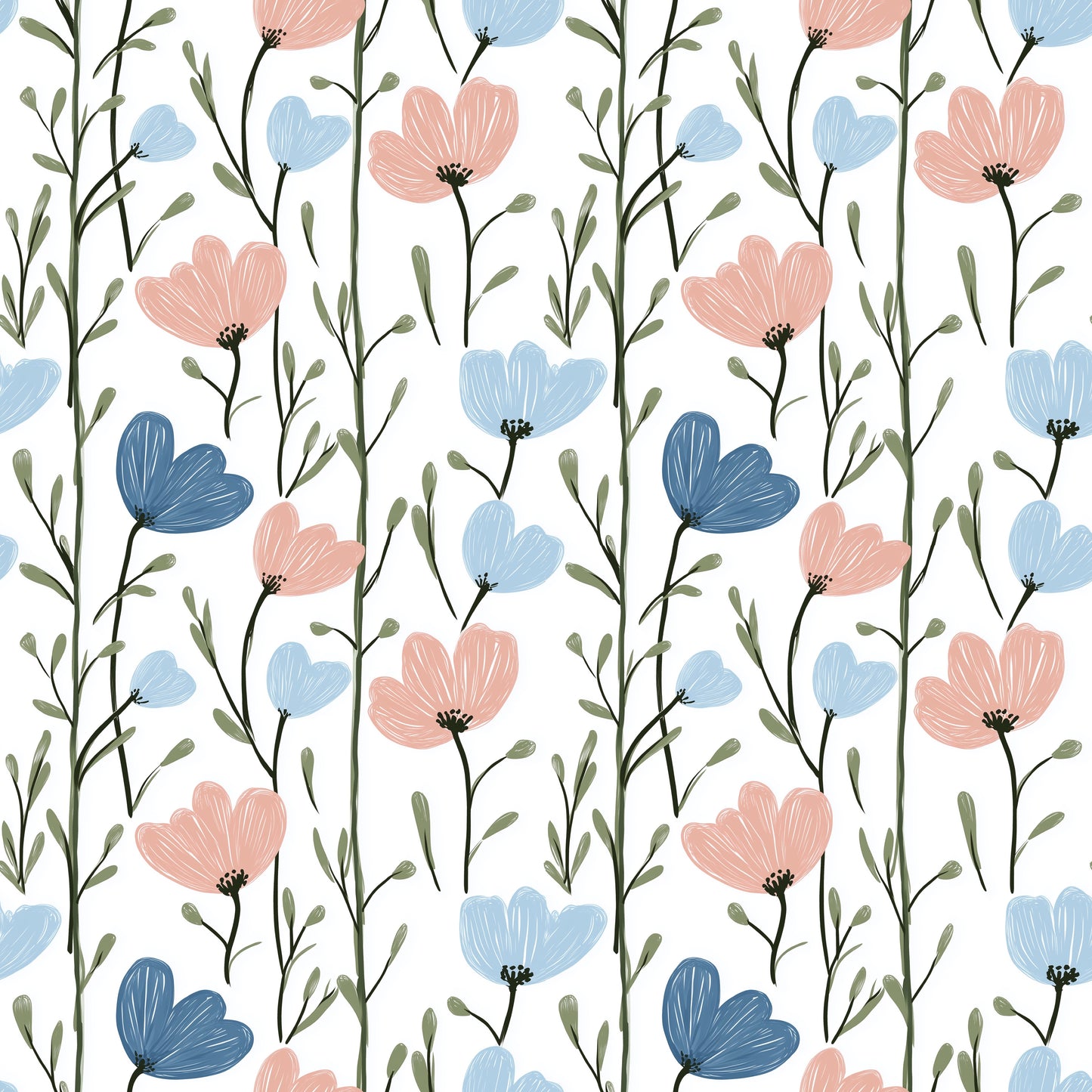 Pastel Pink and Blue Blooms Digital Seamless Pattern