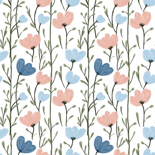 Pastel Pink and Blue Blooms Digital Seamless Pattern