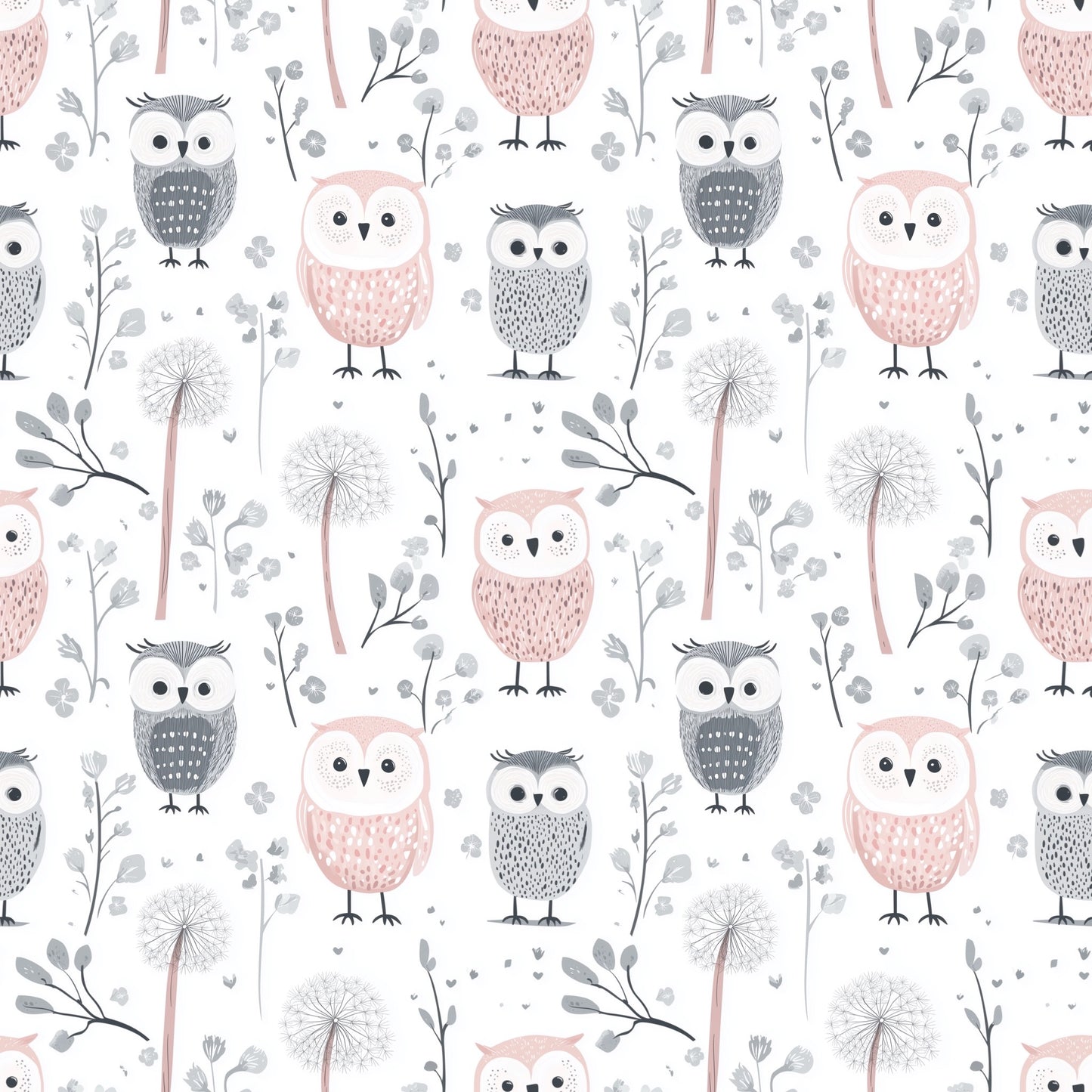 Pastel Pink & Grey Owls Digital Seamless Pattern