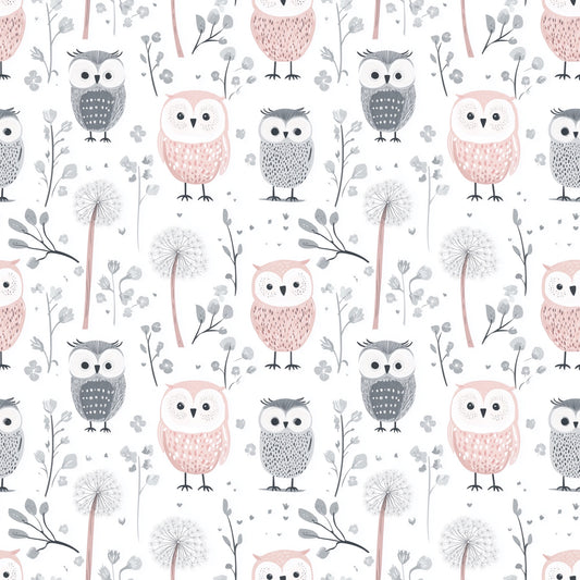 Pastel Pink & Grey Owls Digital Seamless Pattern