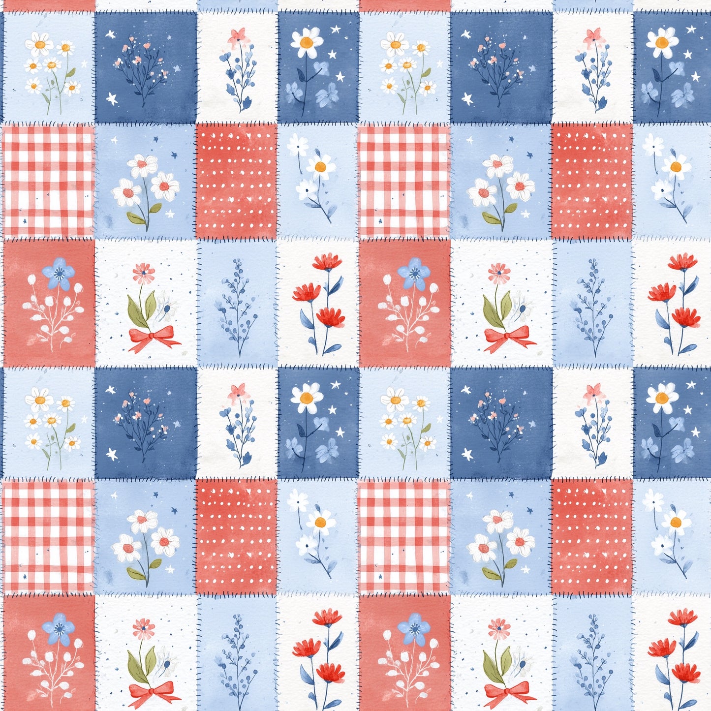 Patriotic Floral Patchwork Digital Seamless Pattern