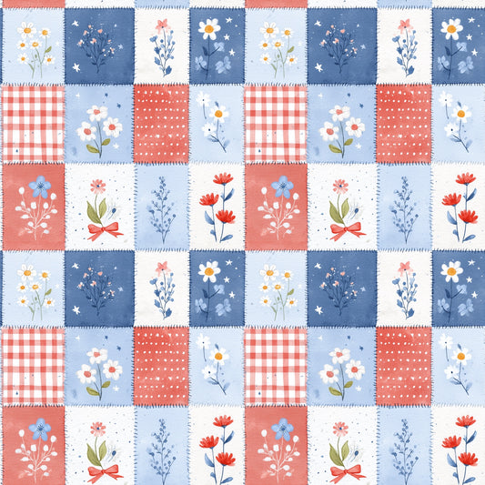 Patriotic Floral Patchwork Digital Seamless Pattern