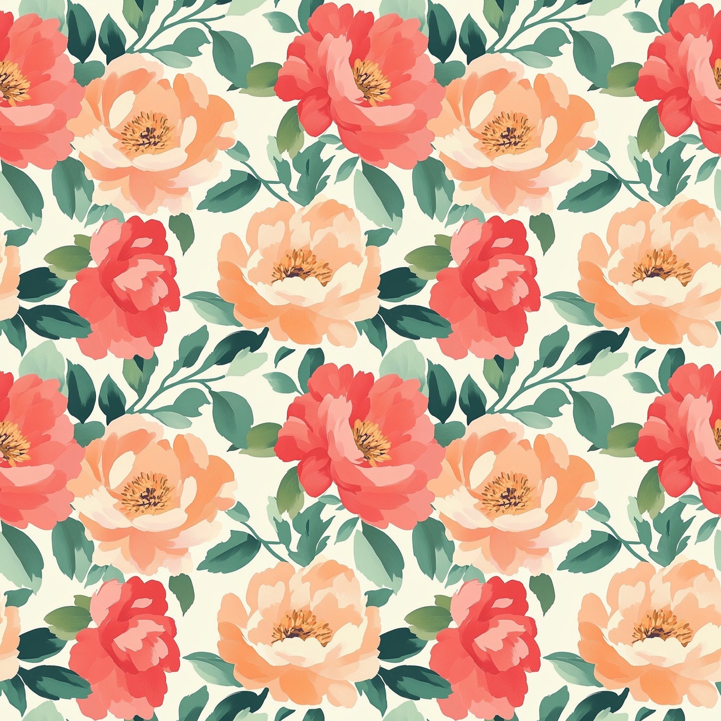 Peach Pink Peonies Digital Seamless Pattern