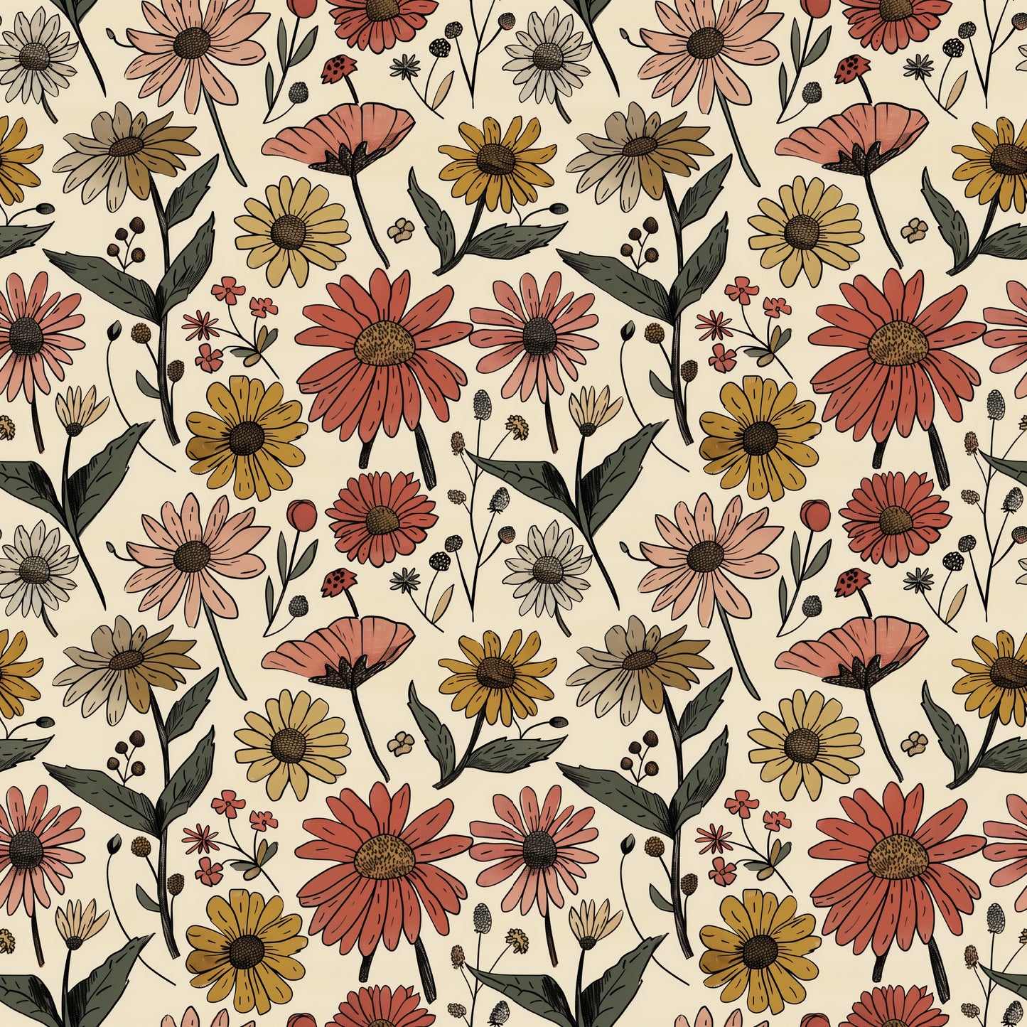 Penned Florals Digital Seamless Pattern