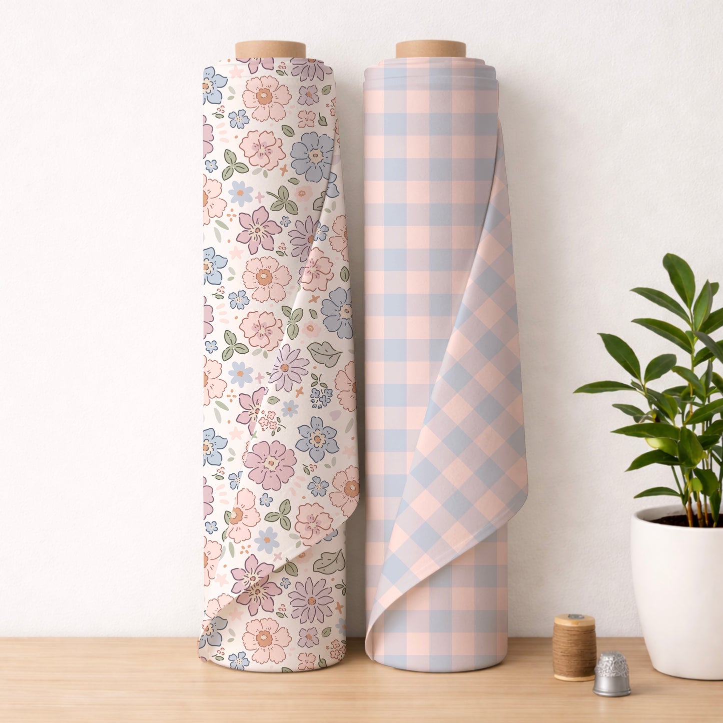 Petal Blooms Pink Blue Gingham