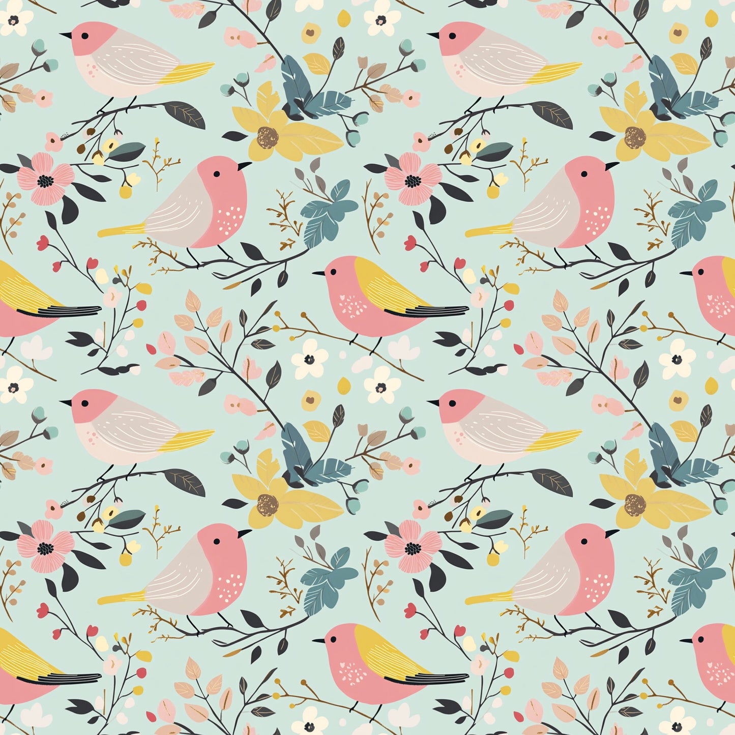 Pink Blue Bird Floral Digital Seamless Pattern