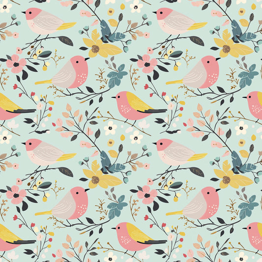 Pink Blue Bird Floral Digital Seamless Pattern