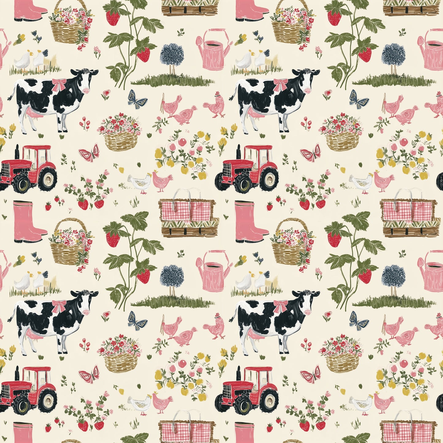 Pink Farm Digital Seamless Pattern