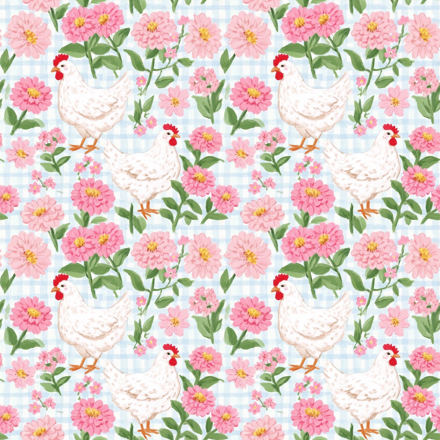 Pink Floral Hens Digital Seamless Pattern