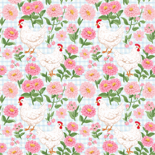 Pink Floral Hens Digital Seamless Pattern