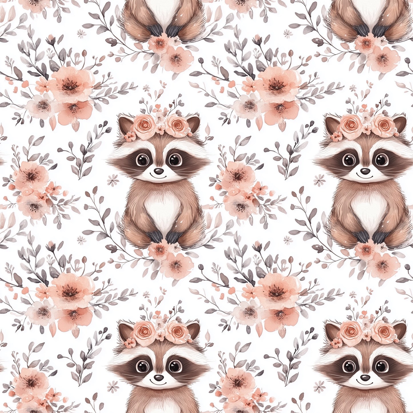 Pink Floral Racoons Digital Seamless Pattern