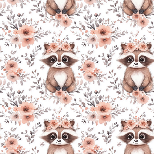 Pink Floral Racoons Digital Seamless Pattern