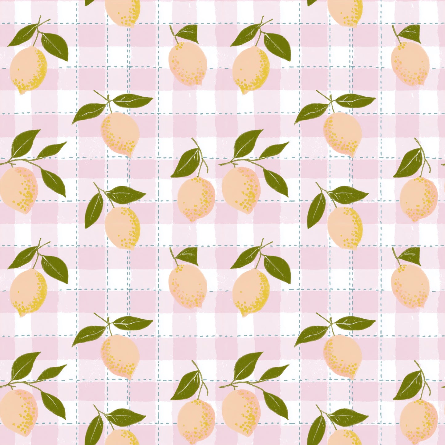 Pink Gingham Lemons Digital Seamless Pattern