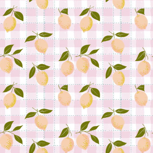 Pink Gingham Lemons Digital Seamless Pattern