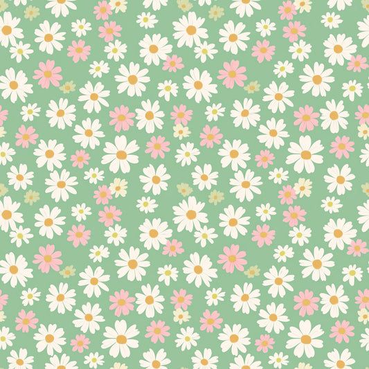 Pink Green Daisies Digital Seamless Pattern
