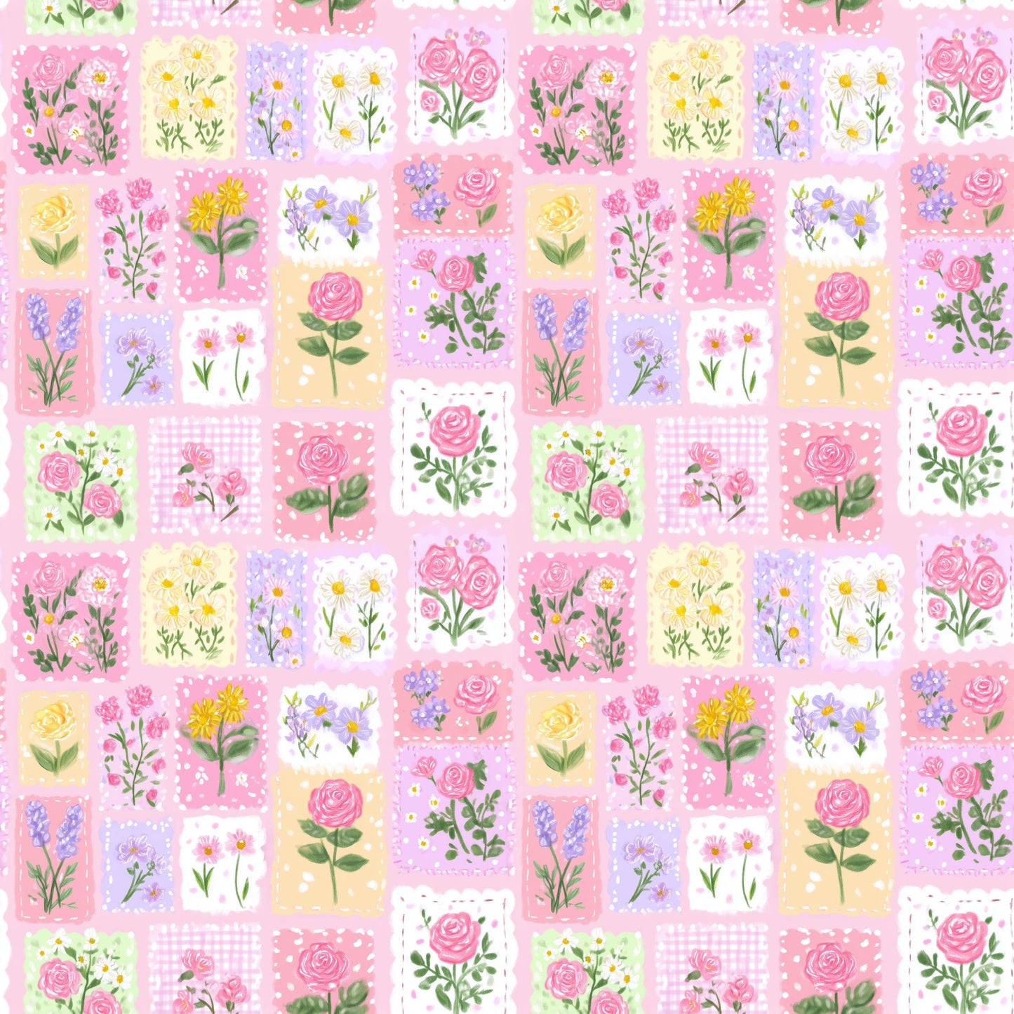 Pink Rose Lavender Patchwork Digital Seamless Pattern