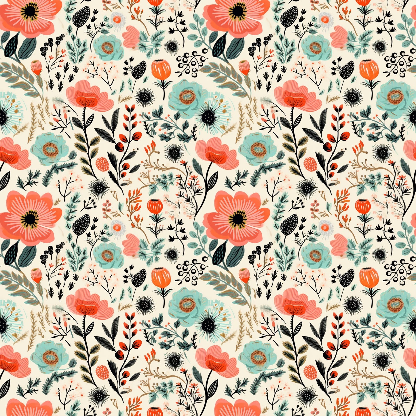 Pink Teal Ditsy Floral Digital Seamless Pattern