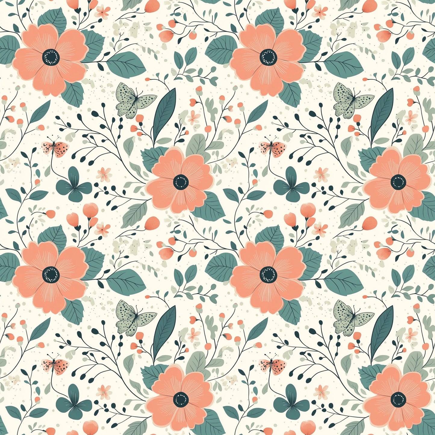 Pink Teal Floral Butterflies Digital Seamless Pattern