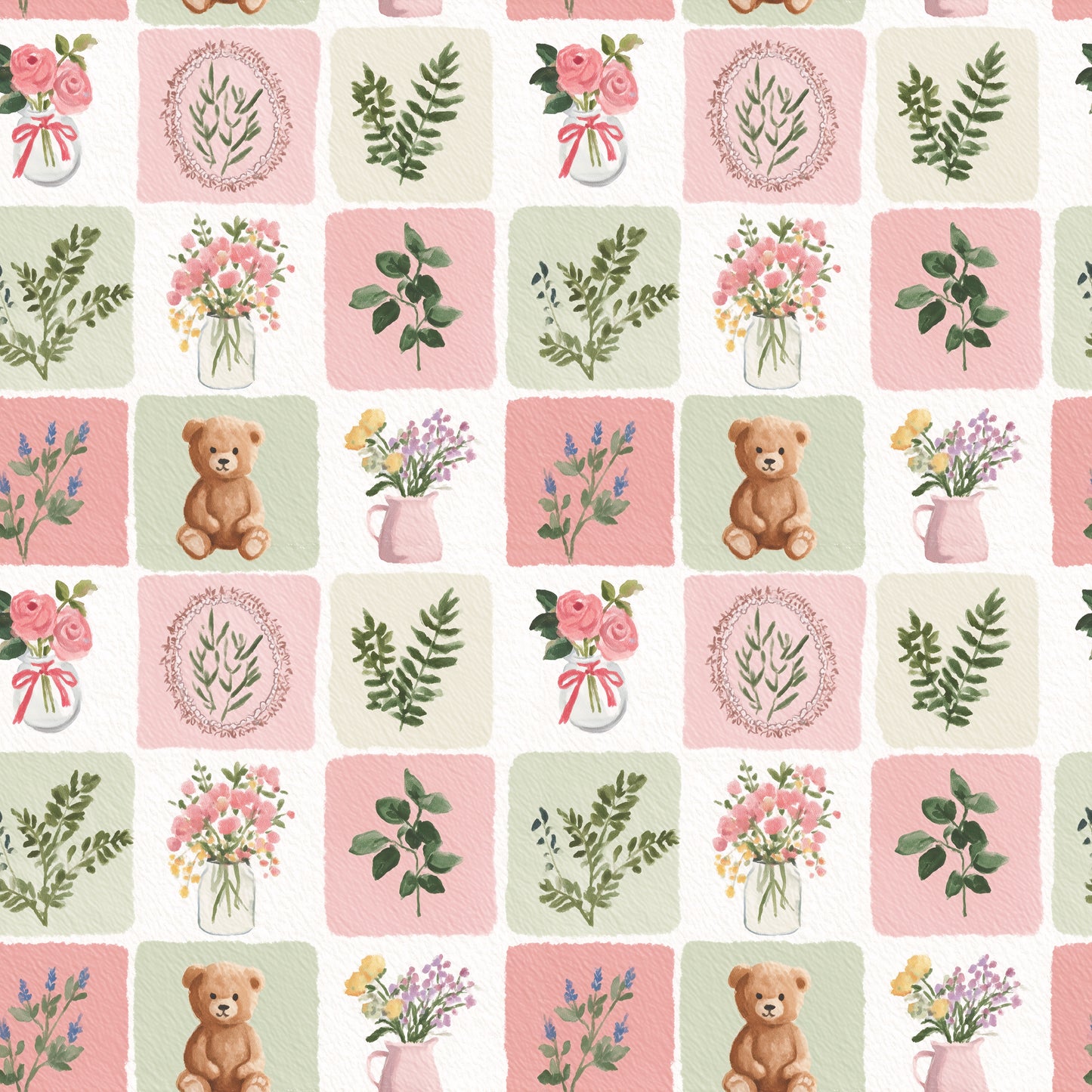 Pink Teddy Floral Patches Digital Seamless Pattern