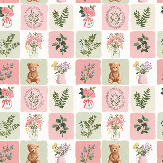 Pink Teddy Floral Patches Digital Seamless Pattern