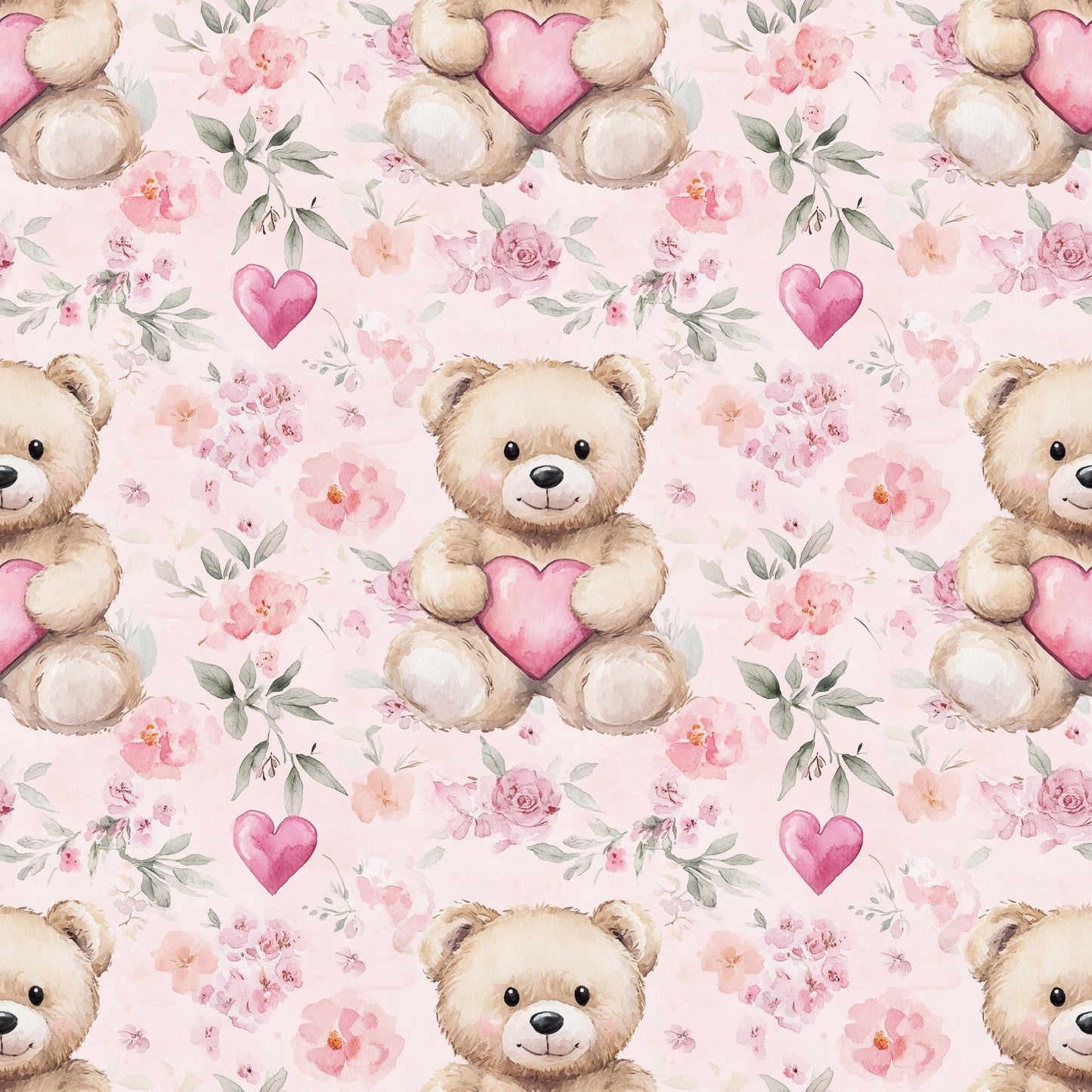 Pink Teddy Hearts Digital Seamless Pattern