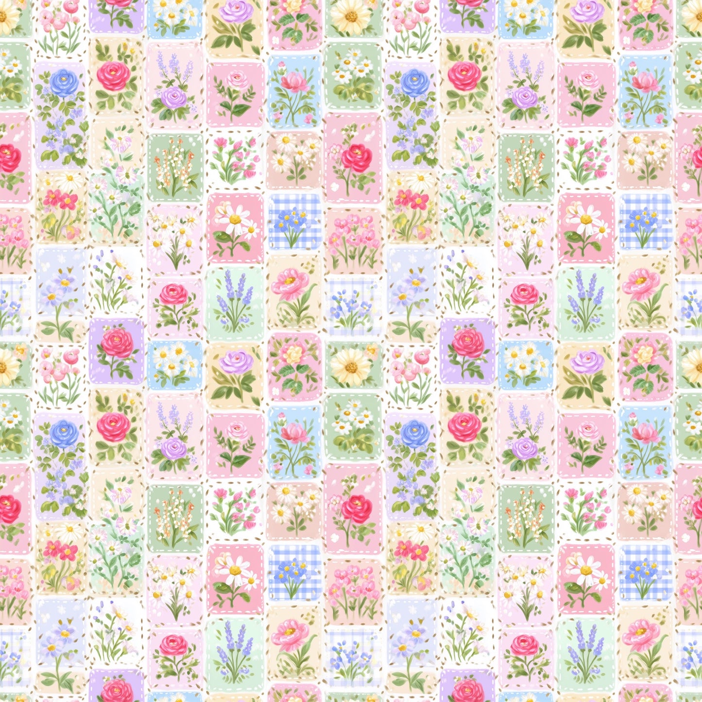 Preppy Floral Patchwork Digital Seamless Pattern