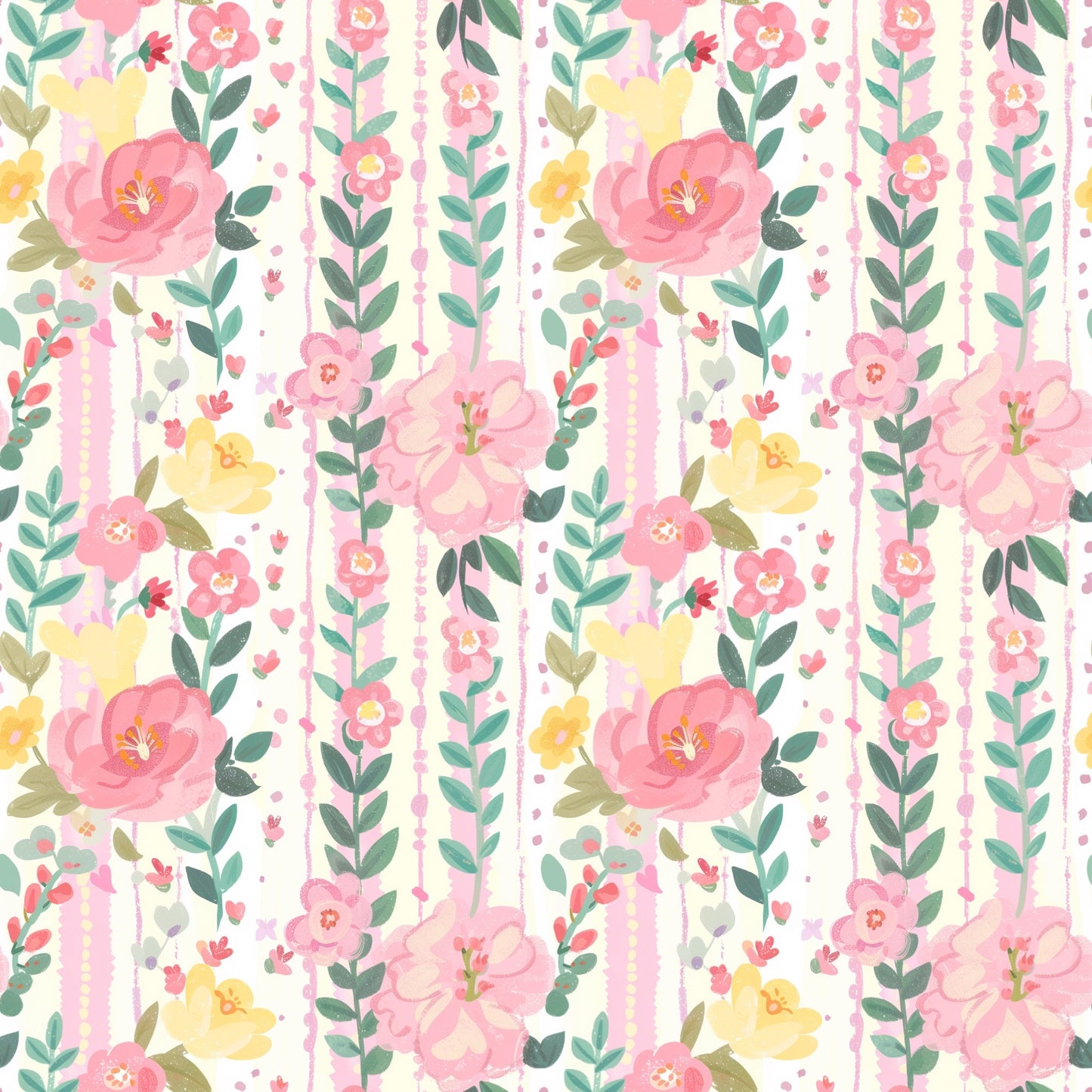 Preppy Pastel Floral Stripes Digital Seamless Pattern