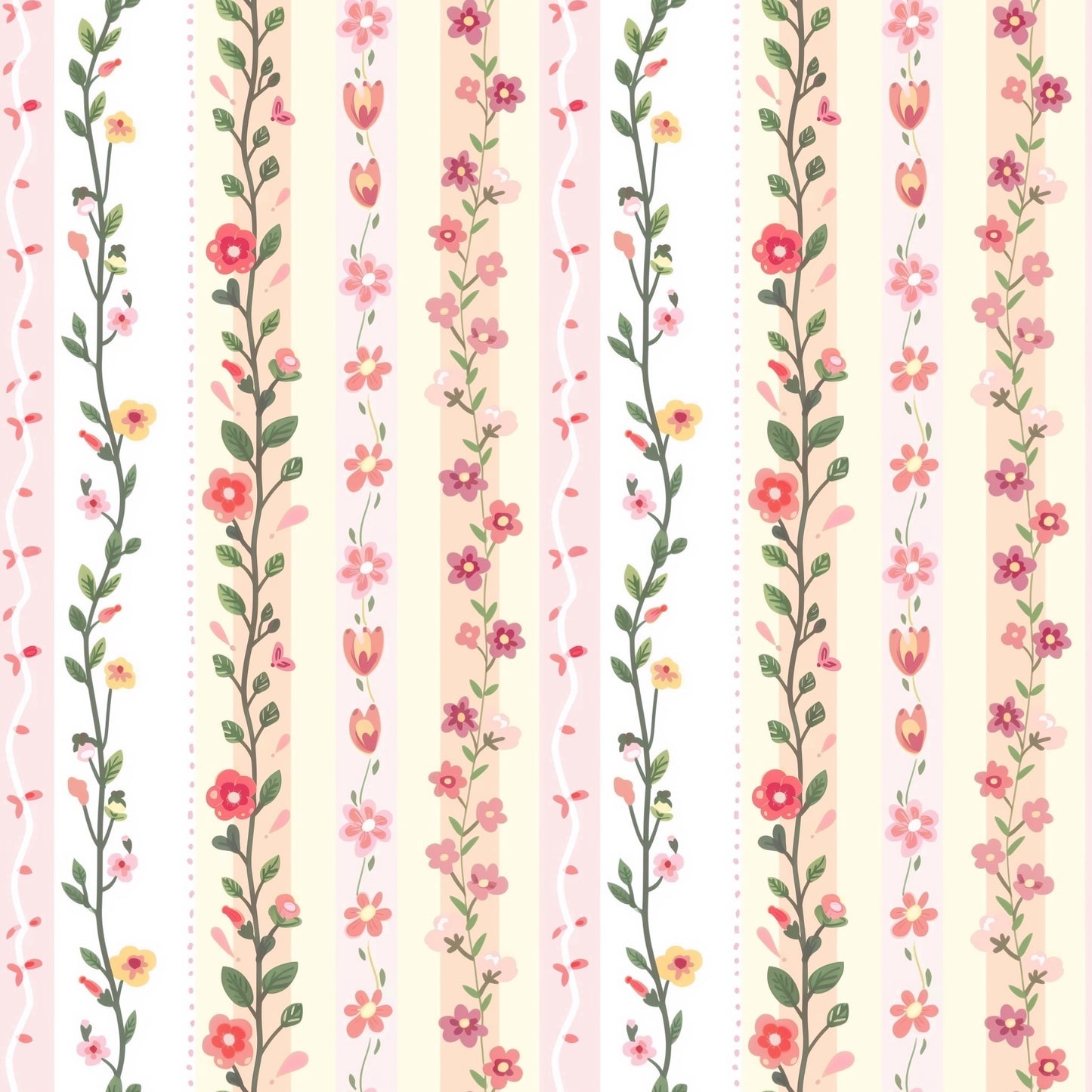 Preppy Pink Floral Stripes Digital Seamless Pattern