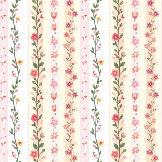 Preppy Pink Floral Stripes Digital Seamless Pattern