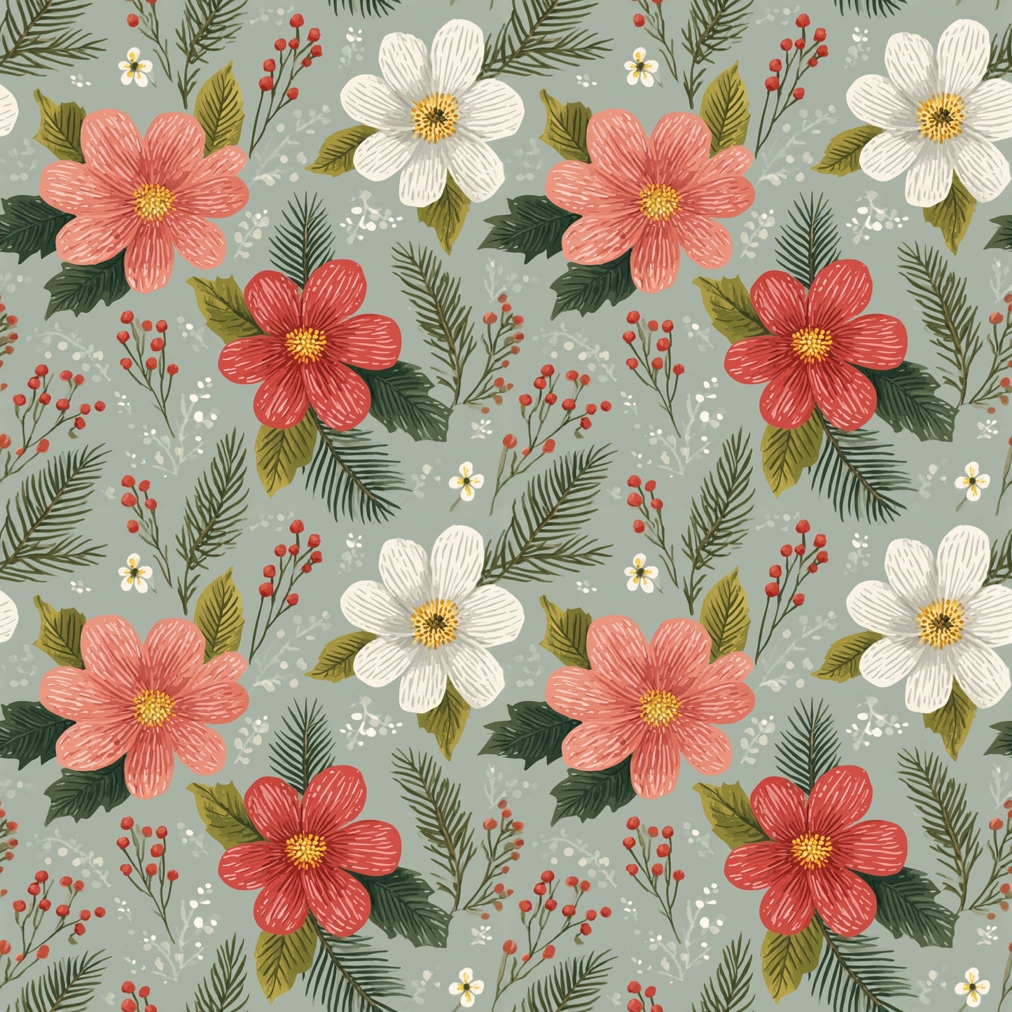 Pretty Christmas Sage Floral Digital Seamless Pattern